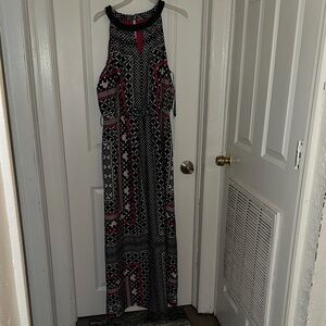 Vince Camuto Black and Fuchsia Geometric Halter Maxi Dress